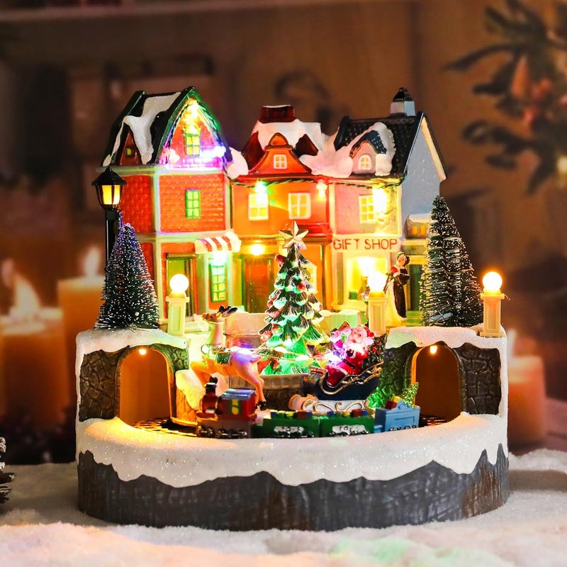 CHONSUN Christmas Village Sets 9 Inch Animated Moving Christmas Tree Train USB/3AA Batteries Music Village House Indoor Decoration Xmas Town Houses for Holiday Decor - Image 5
